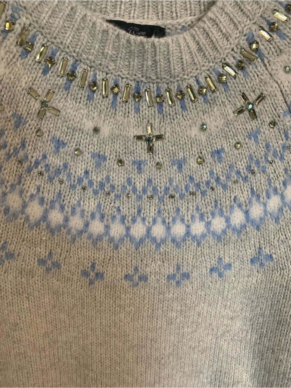 J. Crew Embellished Fair Isle Crewneck Sweater - Light Gray & Pale Blue